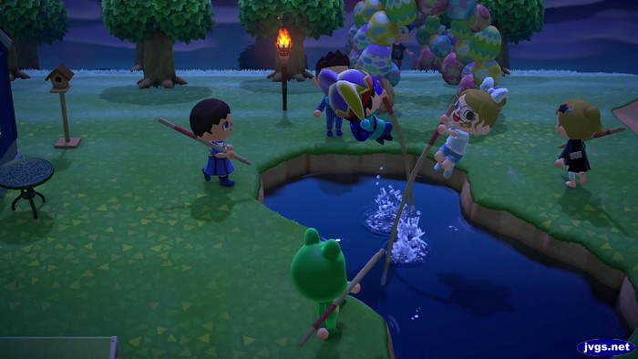 Animal Crossing players pole vault across a pond.