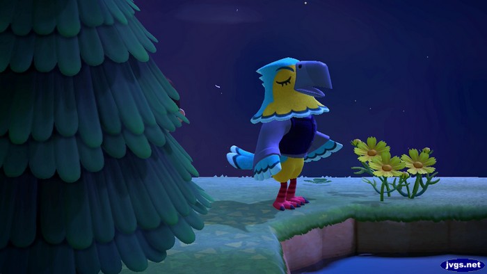 Keaton sings near a pond in Animal Crossing: New Horizons.