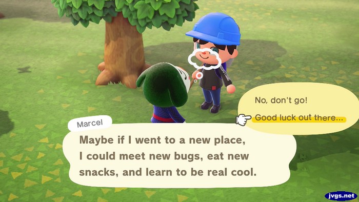 Marcel: Maybe if I went to a new place, I could meet new bugs, eat new snacks, and learn to be real cool. / Good luck out there...