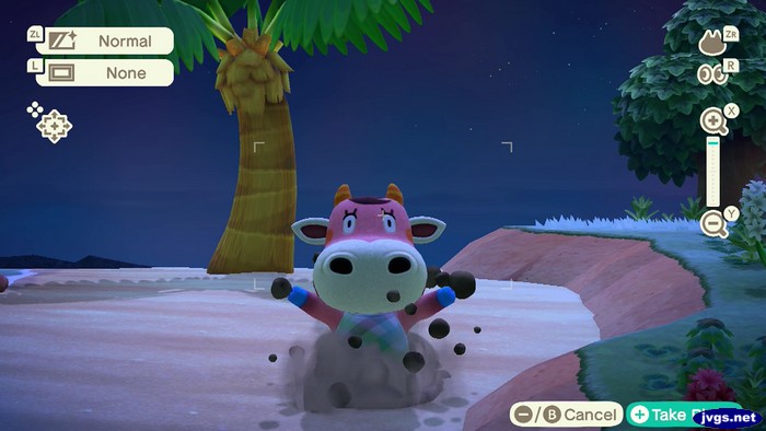 Norma the cow falls into a pitfall in Animal Crossing: New Horizons.