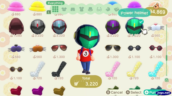 Trying on the power helmet at Able Sisters.