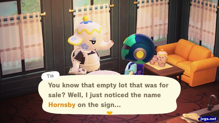 Tia: You know that empty lot that was for sale? Well, I just noticed the name Hornsby on the sign...