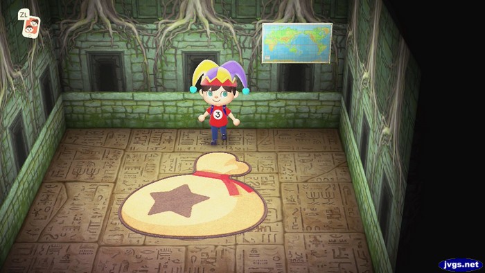 The bell-bag rug and world map in Animal Crossing: New Horizons.