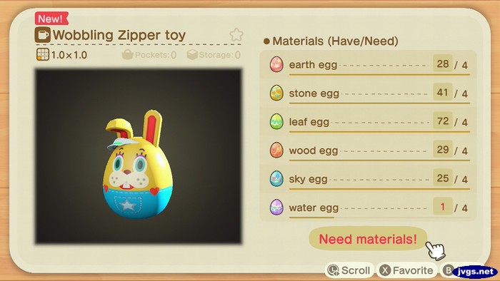 Recipe ingredients for the wobbling Zipper toy in Animal Crossing: New Horizons.