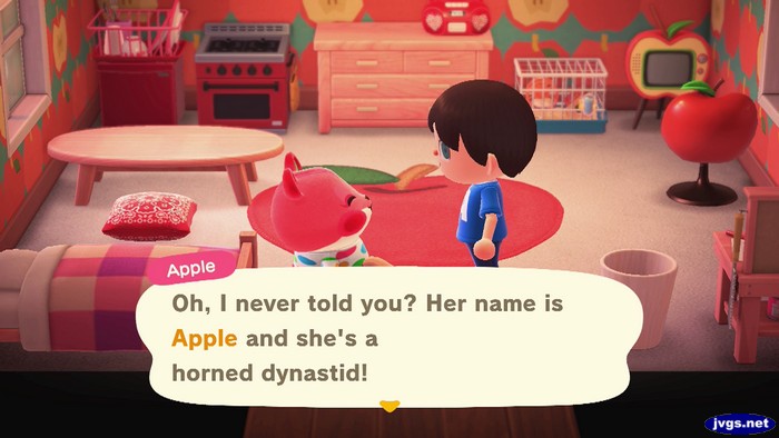 Apple: Oh, I never told you? Her name is Apple and she's a horned dynastid!