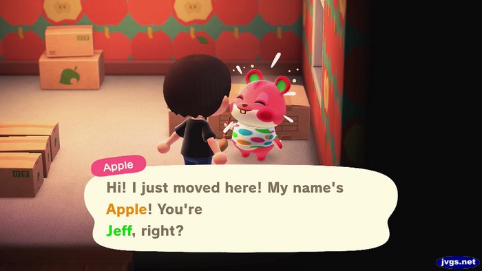Apple: Hi! I just moved here! My name's Apple! You're Jeff, right?