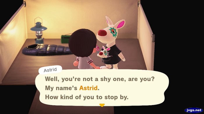 Astrid: Well, you're not a shy one, are you? My name's Astrid. How kind of you to stop by.