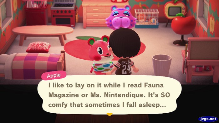 Apple: I like to lay on it while I raed Fauna Magazine or Ms. Nintendique. It's SO comfy that sometimes I fall asleep...