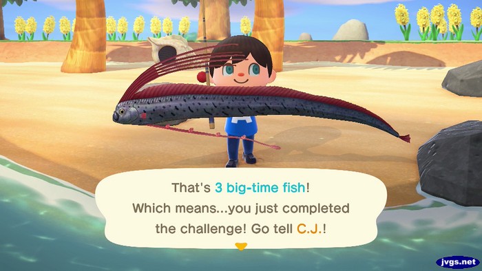 That's 3 big-time fish! Which means...you just completed the challenge! Go tell C.J.!