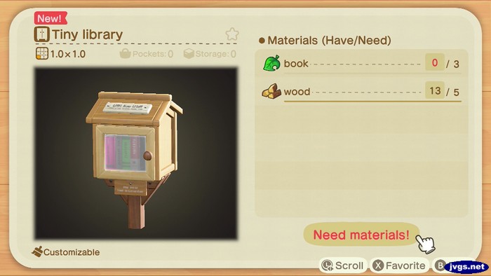 DIY recipe for a tiny library in Animal Crossing: New Horizons.
