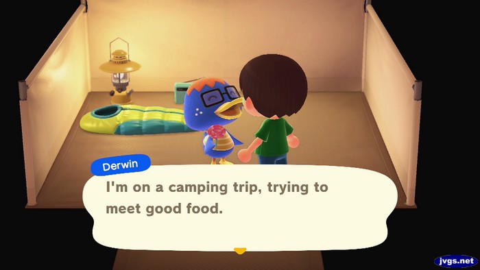 Derwin: I'm on a camping trip, trying to meet good food.