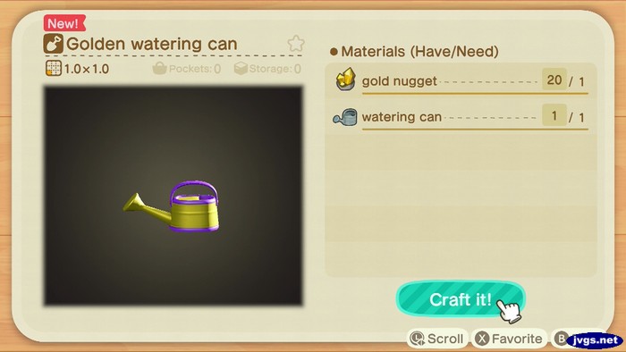 The D.I.Y. recipe for the golden watering can in Animal Crossing: New Horizons.