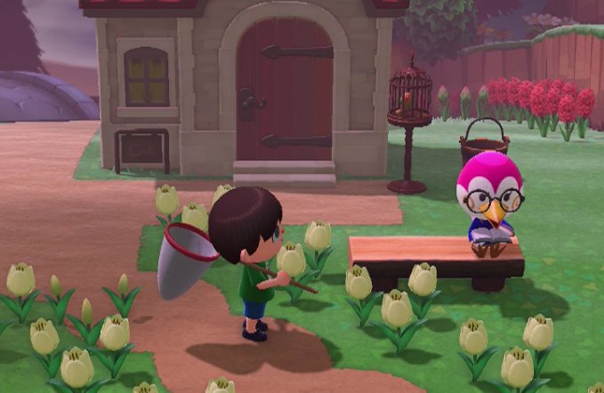Midge reads a book on the bench outside her house in Animal Crossing: New Horizons (ACNH).