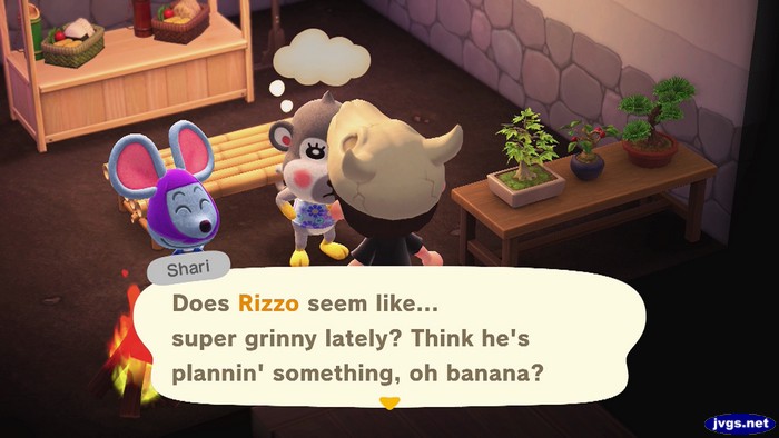 Shari: Does Rizzo seem like... super grinny lately? Think he's plannin' something, oh banana?