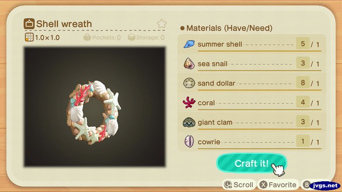 The DIY recipe for a shell wreath in Animal Crossing: New Horizons.