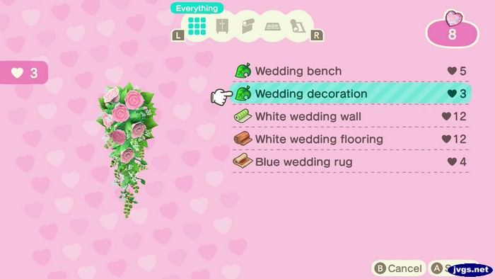 The wedding-themed items you can get from Cyrus during wedding season in Animal Crossing: New Horizons.