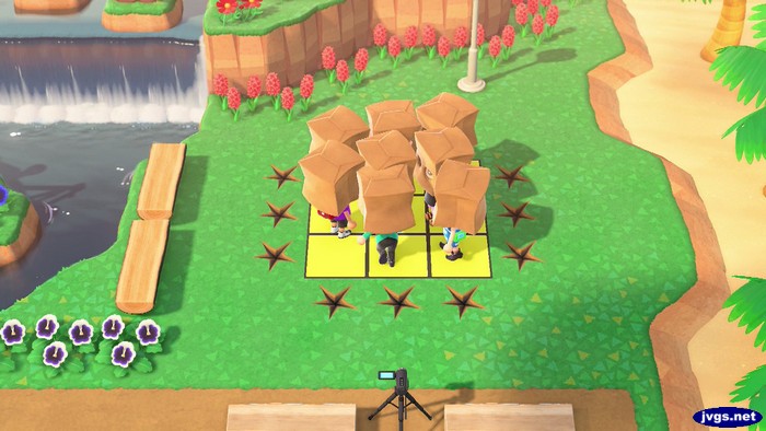 Eight bagheads play a round of pitfall sumo in Animal Crossing: New Horizons.