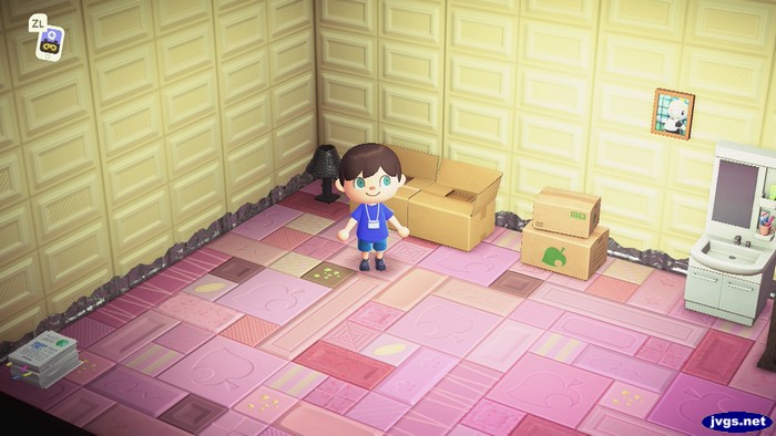 The white-chocolate wall and berry-chocolates flooring in Animal Crossing: New Horizons.