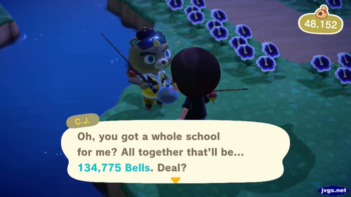 C.J.: Oh, you got a whole school for me? All together that'll be... 134,775 bells. Deal?