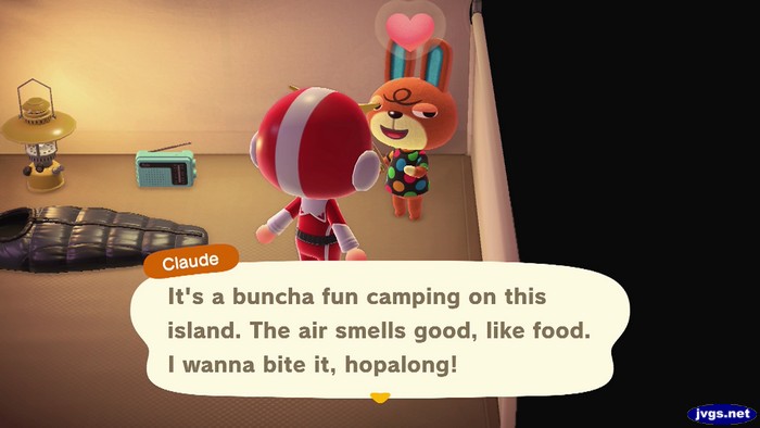 Claude: It's a buncha fun camping on this island. The air smells good, like food. I wanna bite it, hopalong!
