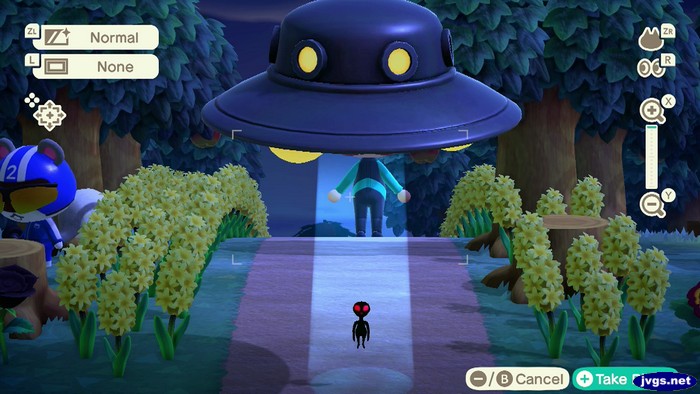 The flying saucer beams up an alien in Animal Crossing: New Horizons.