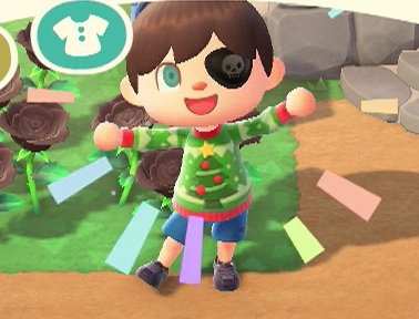 Jeff tries on the holiday sweater in Animal Crossing: New Horizons.