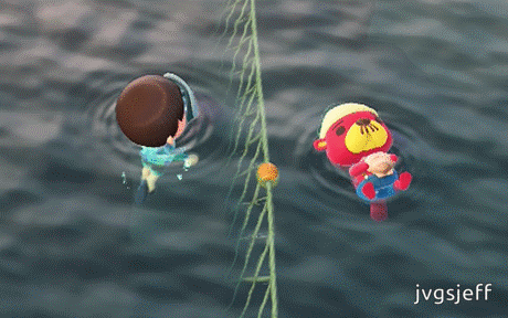 Pascal eats a scallop in Animal Crossing: New Horizons (animated GIF).
