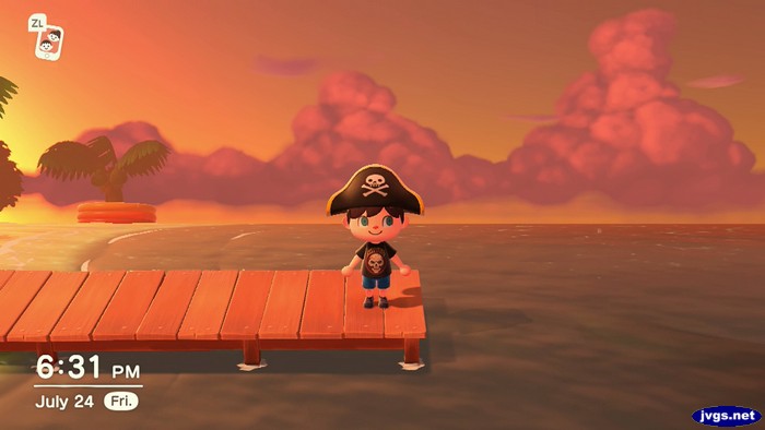 Pirate Jeff stands on the pier under some unusual clouds in Animal Crossing: New Horizons.