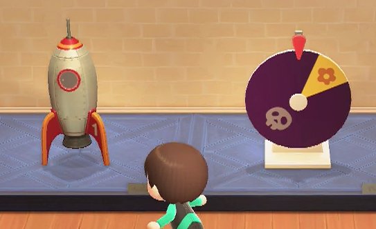 The throwback rocket and colorful wheel for sale in Nook's Cranny in Animal Crossing: New Horizons (ACNH).