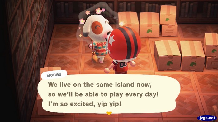 Bones: We live on the same island now, so we'll be able to play every day! I'm so excited, yip yip!
