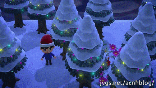 Festive lights on cedar trees in Animal Crossing: New Horizons.