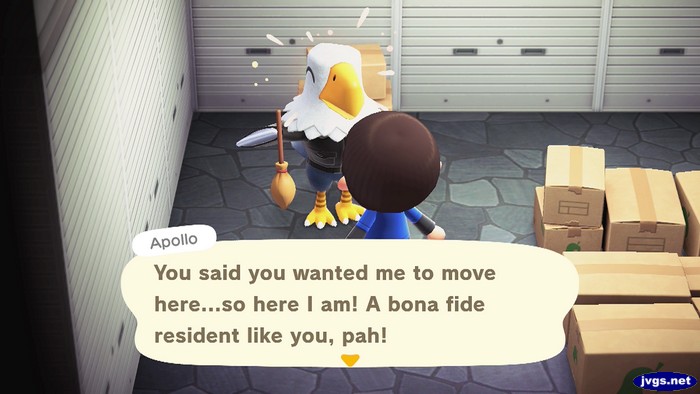 Apollo: You said you wanted me to move here...so here I am! A bona fide resident like you, pah!