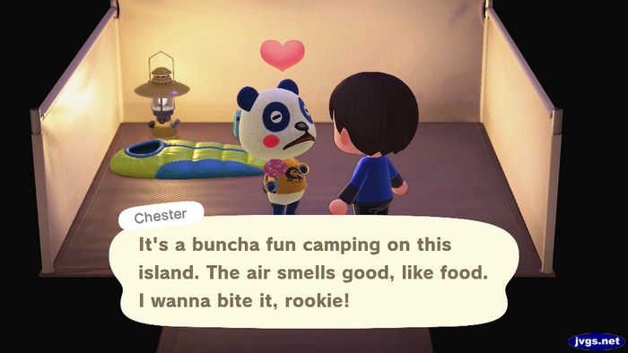 Chester: It's a buncha fun camping on this island. The air smells good, like food. I wanna bite it, rookie!