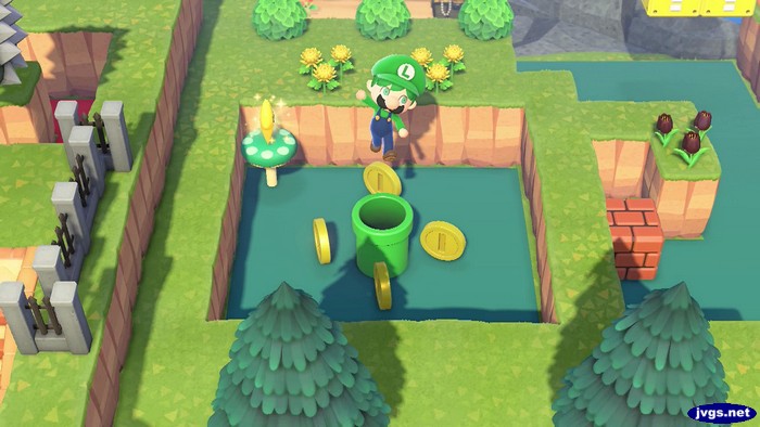 Luigi jumps out of a warp pipe.