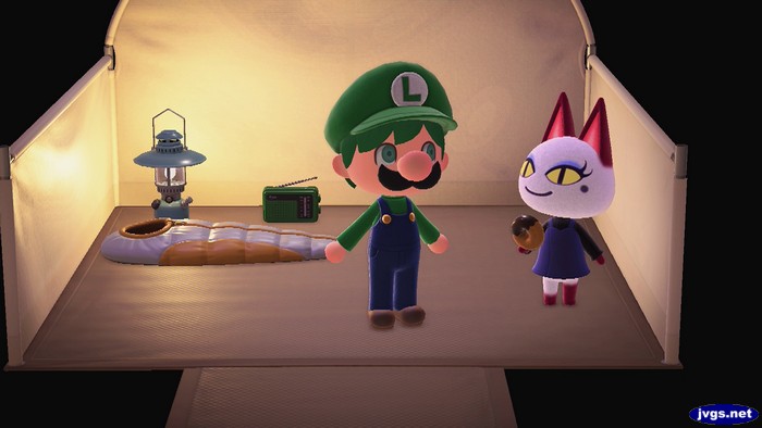 Luigi (Jeff) visits Olivia at the Forest campsite.
