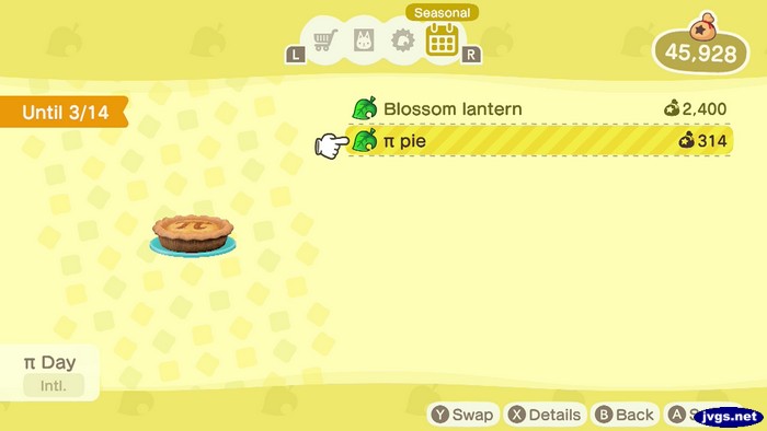 The pi pie in Animal Crossing: New Horizons. It sells for 314 bells.