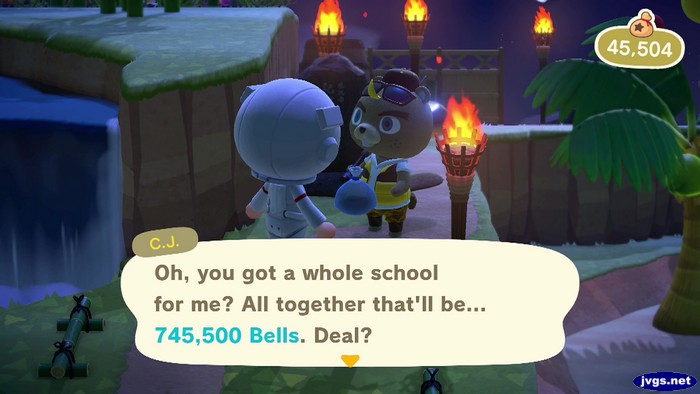 C.J.: Oh, you got a whole school for me? All together that'll be... 745,500 bells. Deal?