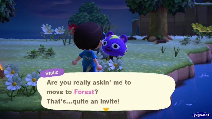 Static: Are you really askin' me to move to Forest? That's...quite an invite!