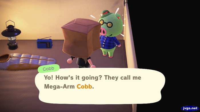 Cobb, at the campsite: Yo! How's it going? They call me Mega-Arm Cobb.