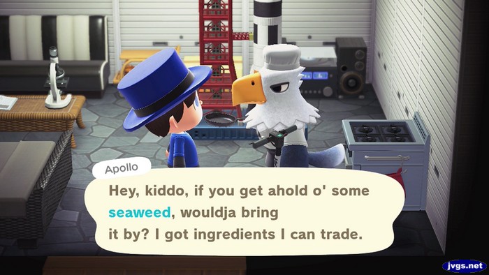 Apollo: Hey, kiddo, if you get ahold o' some seaweed, wouldja bring it by? I got ingredients I can trade.