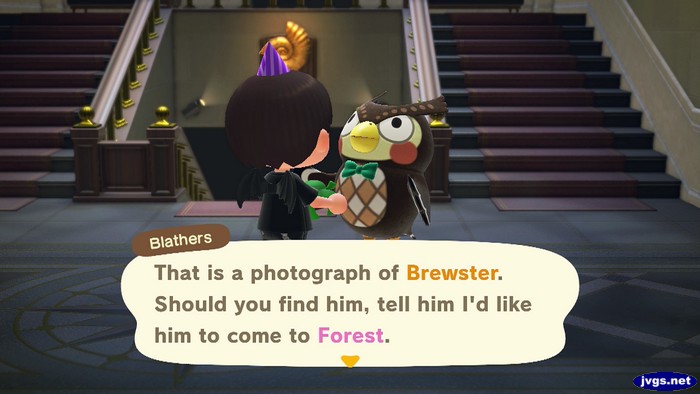 Blathers: That is a photograph of Brewster. Should you find him, tell him I'd like him to come to Forest.