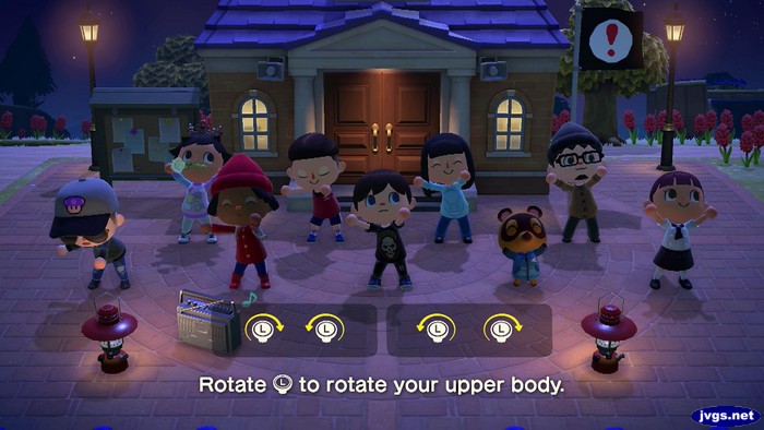 Eight of us doing group stretching (aerobics) in Animal Crossing: New Horizons.