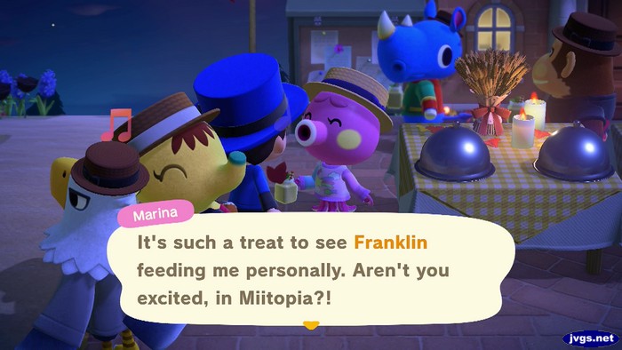 Marina: It's such a treat to see Franklin feeding me personally. Aren't you excited, in Miitopia?!