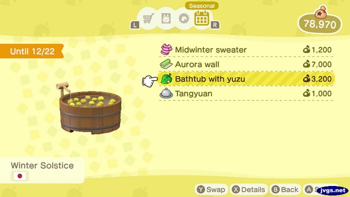 Bathtub with yuzu: 3,200 bells.