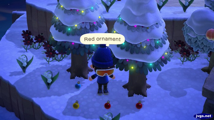 Looking at some fallen ornaments in Animal Crossing: New Horizons (ACNH).