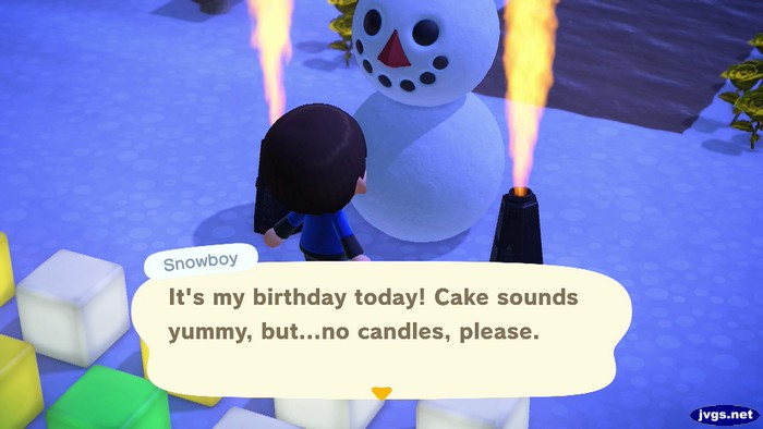 Snowboy, surrounded by flames: It's my birthday today! Cake sounds yummy, but...no candles, please.