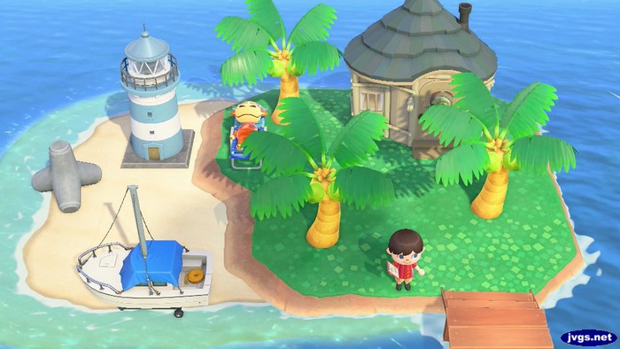 Angus's lighthouse-themed yard in Happy Home Paradise.