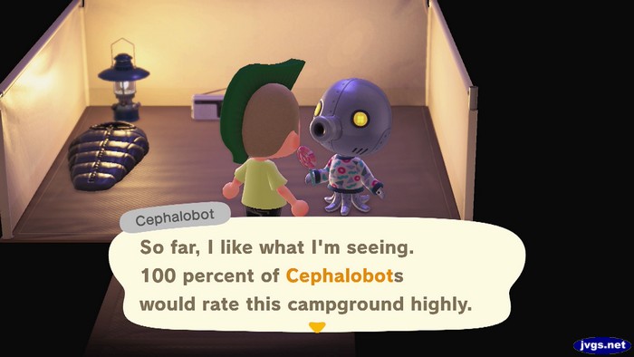 Cephalobot: So far, I like what I'm seeing. 100 percent of Cephalobots would race this campground highly.