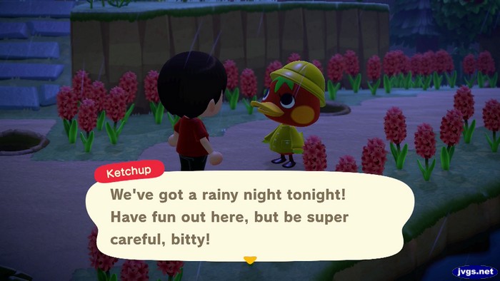 Ketchup: We've got a rainy night tonight! Have fun out here, but be super careful, bitty!