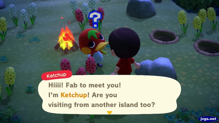 Ketchup: Hiiii! Fab to meet you! I'm Ketchup! Are you visiting from another island too?